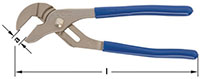 Adjustable groove joint pliers with blue rubber-coated handles and a bronze metal body. The pliers have a sliding mechanism to adjust the jaw size, allowing for a wide grip on objects. Measurement indicators are shown with arrows pointing to the length an